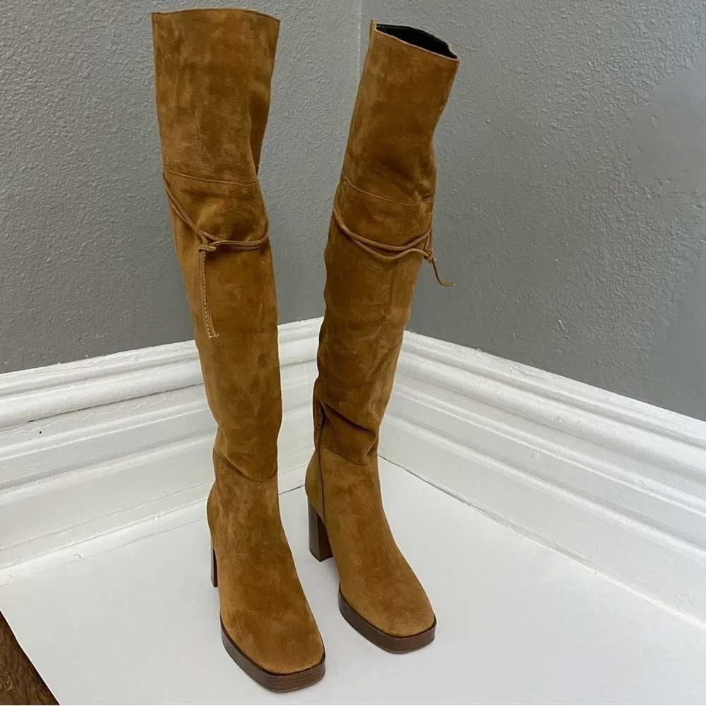 NWT FREE PEOPLE Suede Echo Platform Over The Knee Boots in Cognac